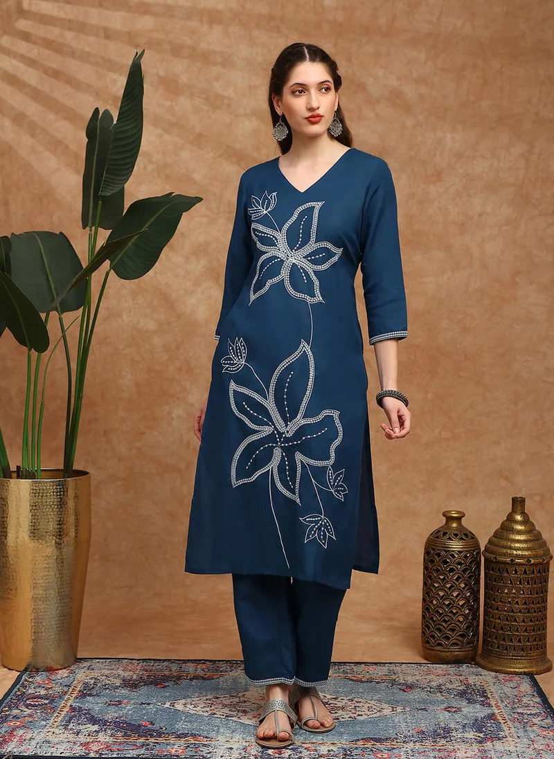 globus Globus Women Blue V-Neck Floral Embroidered Straight Kurta With Wide Leg Pants Set